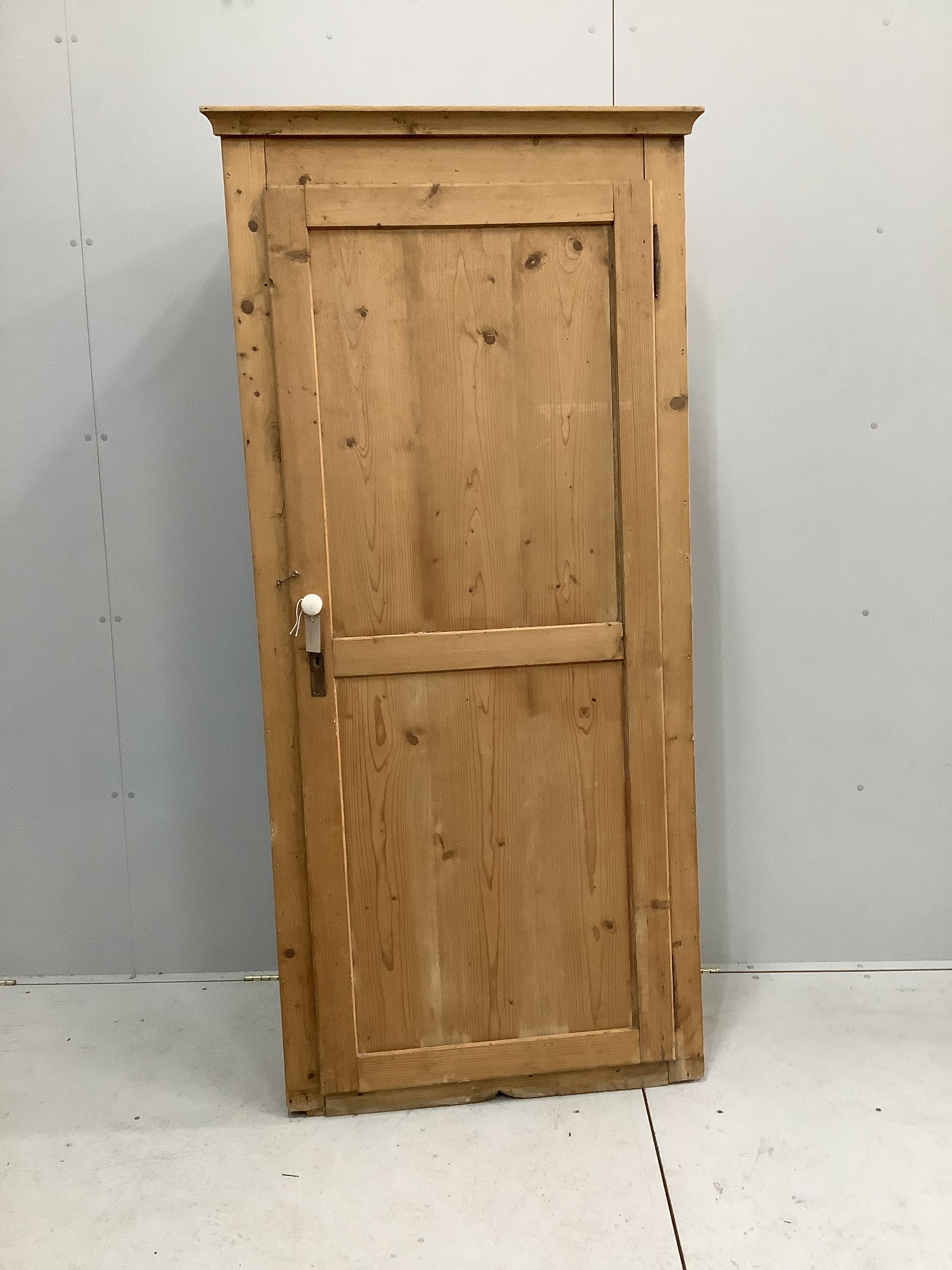 A Victorian pine single door cupboard, width 91cm, depth 46cm, height 191cm